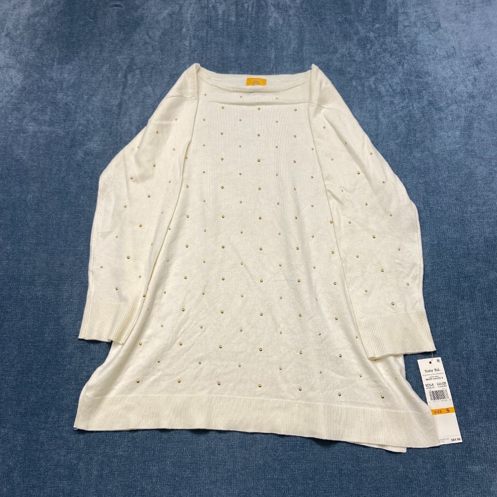 Ruby Rd Sweater Womens Small Ivory Rayon Stretch Gold Studs Pullover Ribbed Hem